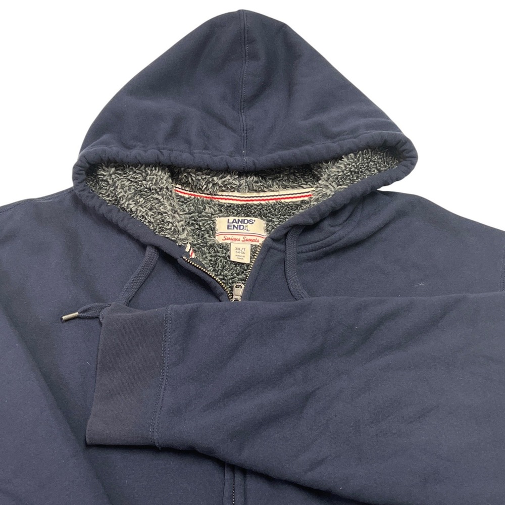 Lands' End Serious Sweats Men's Navy Blue 3XLT Sherpa Lined Full Zip Hoodie